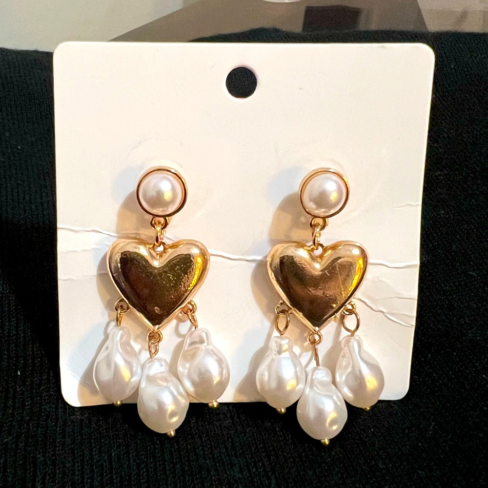 Gold and Pearl Heart Drop Earrings